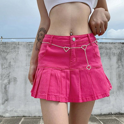 High-waist Ruffled-lined Pleated Denim Skirt